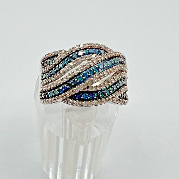 Designer SUN Sterling Silver 925 & Blue Diamonds Ring -...